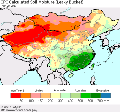 China and Taiwan CPC Calculated Soil Moisture (Leaky Bucket) Thematic Map For 4/16/2019 - 4/20/2019