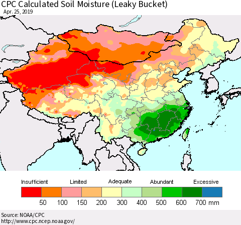 China and Taiwan CPC Calculated Soil Moisture (Leaky Bucket) Thematic Map For 4/21/2019 - 4/25/2019