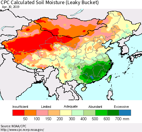 China and Taiwan CPC Calculated Soil Moisture (Leaky Bucket) Thematic Map For 4/26/2019 - 4/30/2019