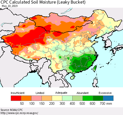 China and Taiwan CPC Calculated Soil Moisture (Leaky Bucket) Thematic Map For 5/6/2019 - 5/10/2019