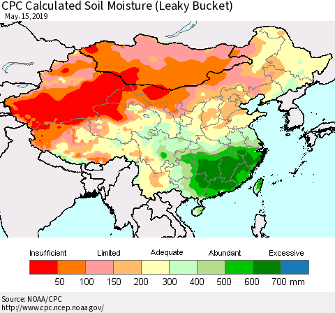 China and Taiwan CPC Calculated Soil Moisture (Leaky Bucket) Thematic Map For 5/11/2019 - 5/15/2019