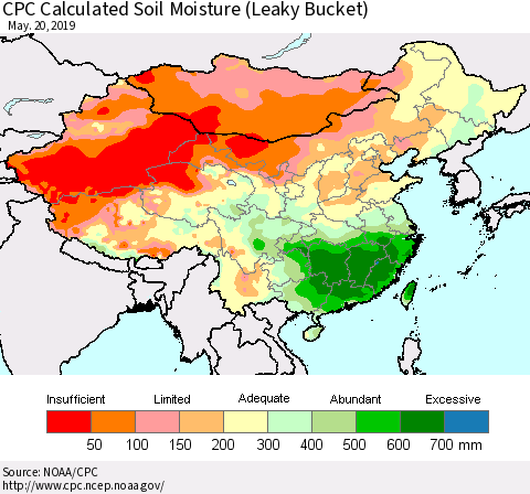 China and Taiwan CPC Calculated Soil Moisture (Leaky Bucket) Thematic Map For 5/16/2019 - 5/20/2019