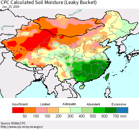 China and Taiwan CPC Calculated Soil Moisture (Leaky Bucket) Thematic Map For 6/21/2019 - 6/25/2019