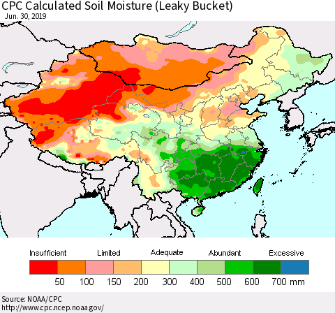 China and Taiwan CPC Calculated Soil Moisture (Leaky Bucket) Thematic Map For 6/26/2019 - 6/30/2019