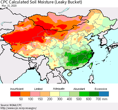 China, Mongolia and Taiwan CPC Soil Moisture (Leaky Bucket) Thematic Map For 3/26/2020 - 3/31/2020