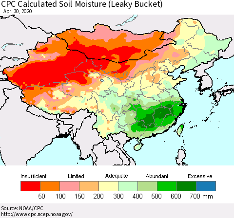 China, Mongolia and Taiwan CPC Soil Moisture (Leaky Bucket) Thematic Map For 4/26/2020 - 4/30/2020