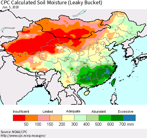 China, Mongolia and Taiwan CPC Soil Moisture (Leaky Bucket) Thematic Map For 6/1/2020 - 6/5/2020