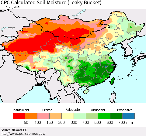 China, Mongolia and Taiwan CPC Soil Moisture (Leaky Bucket) Thematic Map For 6/16/2020 - 6/20/2020