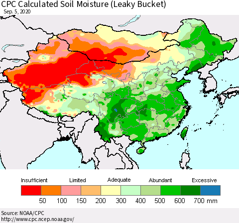 China, Mongolia and Taiwan CPC Soil Moisture (Leaky Bucket) Thematic Map For 9/1/2020 - 9/5/2020