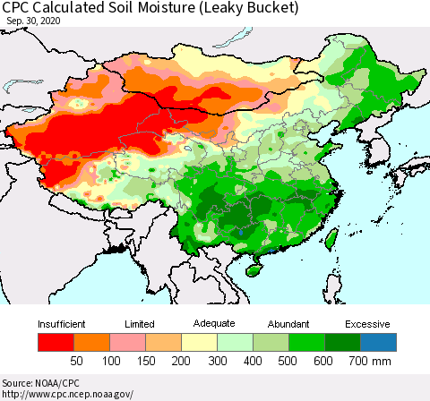 China, Mongolia and Taiwan CPC Soil Moisture (Leaky Bucket) Thematic Map For 9/26/2020 - 9/30/2020