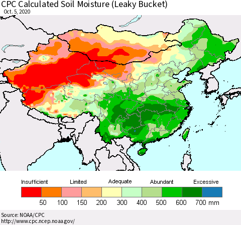 China, Mongolia and Taiwan CPC Soil Moisture (Leaky Bucket) Thematic Map For 10/1/2020 - 10/5/2020