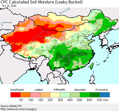 China, Mongolia and Taiwan CPC Soil Moisture (Leaky Bucket) Thematic Map For 10/6/2020 - 10/10/2020