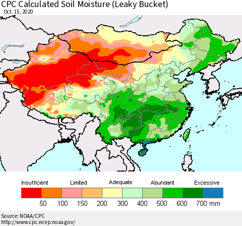 China, Mongolia and Taiwan CPC Soil Moisture (Leaky Bucket) Thematic Map For 10/11/2020 - 10/15/2020