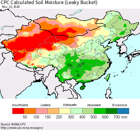China, Mongolia and Taiwan CPC Soil Moisture (Leaky Bucket) Thematic Map For 11/6/2020 - 11/10/2020