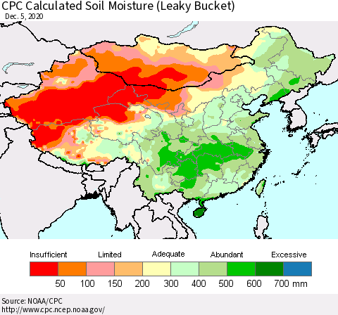 China, Mongolia and Taiwan CPC Soil Moisture (Leaky Bucket) Thematic Map For 12/1/2020 - 12/5/2020