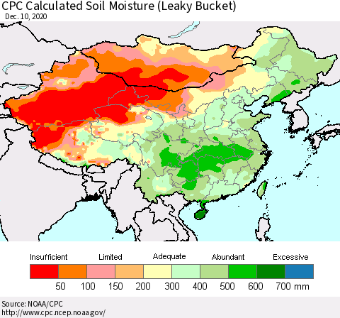 China, Mongolia and Taiwan CPC Soil Moisture (Leaky Bucket) Thematic Map For 12/6/2020 - 12/10/2020