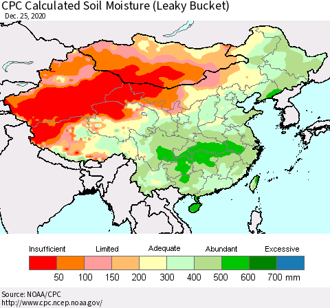 China, Mongolia and Taiwan CPC Soil Moisture (Leaky Bucket) Thematic Map For 12/21/2020 - 12/25/2020