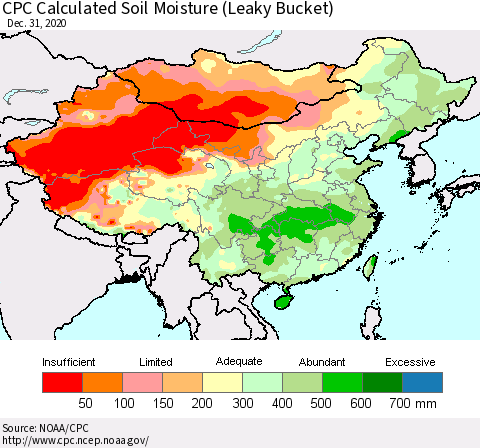 China, Mongolia and Taiwan CPC Soil Moisture (Leaky Bucket) Thematic Map For 12/26/2020 - 12/31/2020