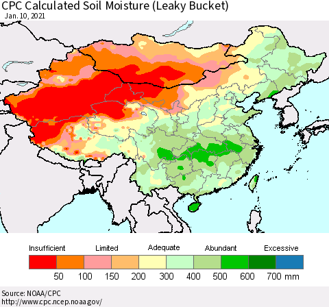 China, Mongolia and Taiwan CPC Soil Moisture (Leaky Bucket) Thematic Map For 1/6/2021 - 1/10/2021
