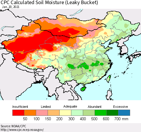 China, Mongolia and Taiwan CPC Soil Moisture (Leaky Bucket) Thematic Map For 1/16/2021 - 1/20/2021