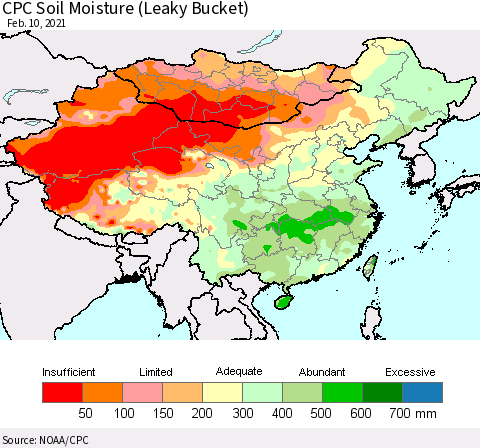 China, Mongolia and Taiwan CPC Soil Moisture (Leaky Bucket) Thematic Map For 2/6/2021 - 2/10/2021