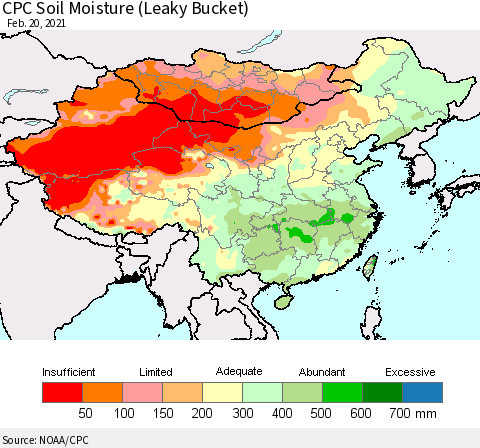 China, Mongolia and Taiwan CPC Soil Moisture (Leaky Bucket) Thematic Map For 2/16/2021 - 2/20/2021