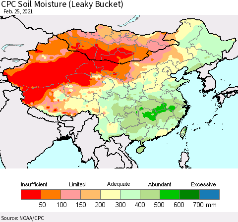 China, Mongolia and Taiwan CPC Soil Moisture (Leaky Bucket) Thematic Map For 2/21/2021 - 2/25/2021
