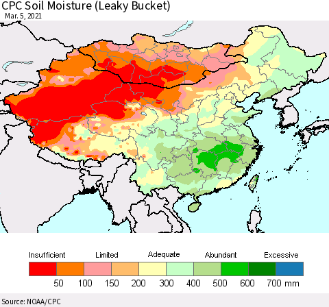 China, Mongolia and Taiwan CPC Soil Moisture (Leaky Bucket) Thematic Map For 3/1/2021 - 3/5/2021
