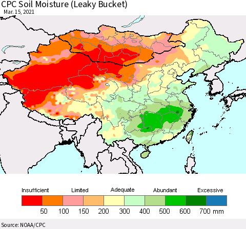 China, Mongolia and Taiwan CPC Soil Moisture (Leaky Bucket) Thematic Map For 3/11/2021 - 3/15/2021