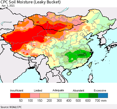 China, Mongolia and Taiwan CPC Soil Moisture (Leaky Bucket) Thematic Map For 4/1/2021 - 4/5/2021