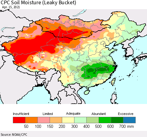 China, Mongolia and Taiwan CPC Soil Moisture (Leaky Bucket) Thematic Map For 4/11/2021 - 4/15/2021