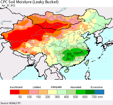 China, Mongolia and Taiwan CPC Soil Moisture (Leaky Bucket) Thematic Map For 4/16/2021 - 4/20/2021