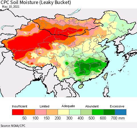 China, Mongolia and Taiwan CPC Soil Moisture (Leaky Bucket) Thematic Map For 5/6/2021 - 5/10/2021