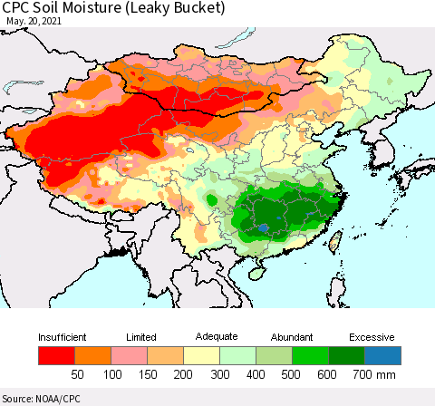 China, Mongolia and Taiwan CPC Soil Moisture (Leaky Bucket) Thematic Map For 5/16/2021 - 5/20/2021