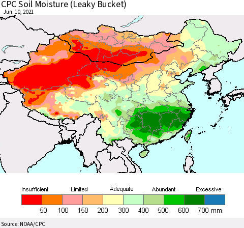 China, Mongolia and Taiwan CPC Soil Moisture (Leaky Bucket) Thematic Map For 6/6/2021 - 6/10/2021