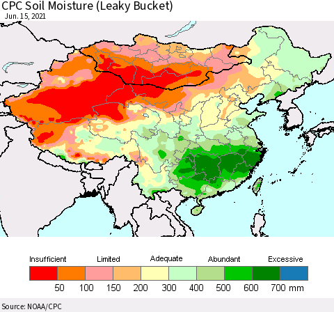 China, Mongolia and Taiwan CPC Soil Moisture (Leaky Bucket) Thematic Map For 6/11/2021 - 6/15/2021