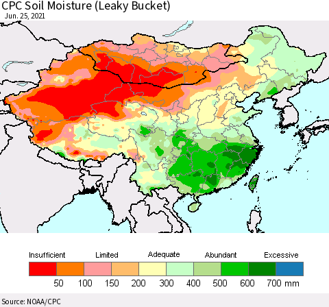 China, Mongolia and Taiwan CPC Soil Moisture (Leaky Bucket) Thematic Map For 6/21/2021 - 6/25/2021