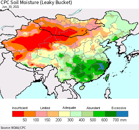 China, Mongolia and Taiwan CPC Soil Moisture (Leaky Bucket) Thematic Map For 6/26/2021 - 6/30/2021