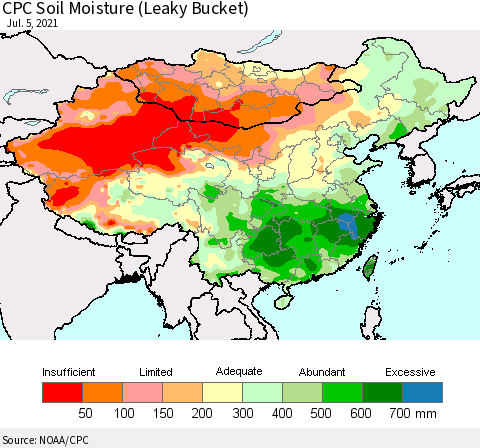 China, Mongolia and Taiwan CPC Soil Moisture (Leaky Bucket) Thematic Map For 7/1/2021 - 7/5/2021