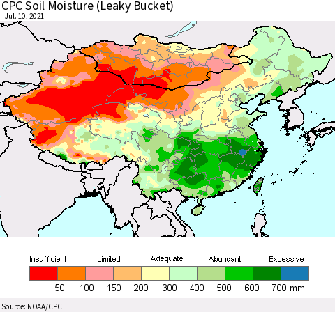 China, Mongolia and Taiwan CPC Soil Moisture (Leaky Bucket) Thematic Map For 7/6/2021 - 7/10/2021