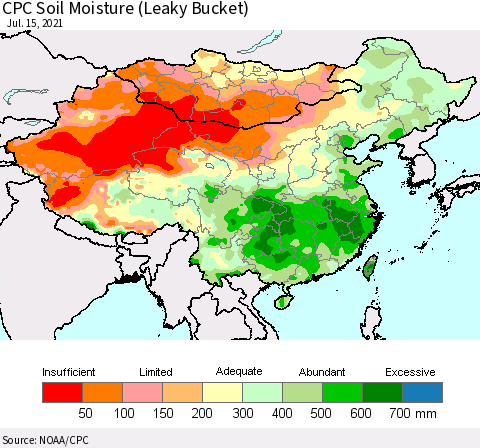 China, Mongolia and Taiwan CPC Soil Moisture (Leaky Bucket) Thematic Map For 7/11/2021 - 7/15/2021