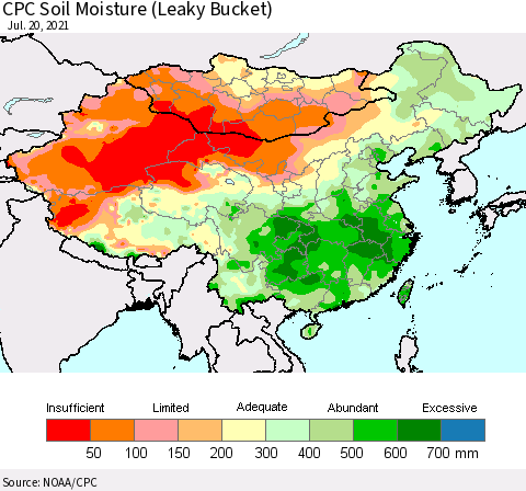 China, Mongolia and Taiwan CPC Soil Moisture (Leaky Bucket) Thematic Map For 7/16/2021 - 7/20/2021