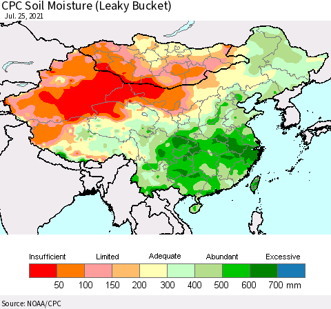 China, Mongolia and Taiwan CPC Soil Moisture (Leaky Bucket) Thematic Map For 7/21/2021 - 7/25/2021
