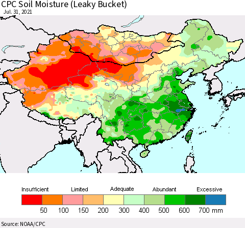 China, Mongolia and Taiwan CPC Soil Moisture (Leaky Bucket) Thematic Map For 7/26/2021 - 7/31/2021