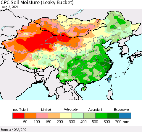 China, Mongolia and Taiwan CPC Soil Moisture (Leaky Bucket) Thematic Map For 8/1/2021 - 8/5/2021