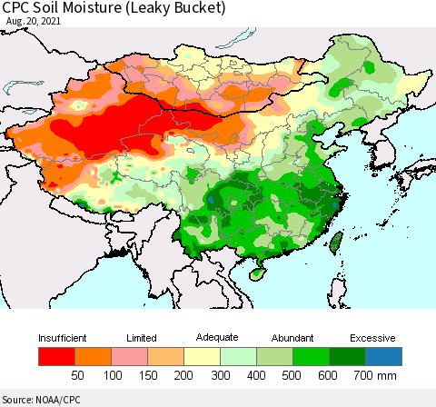China, Mongolia and Taiwan CPC Soil Moisture (Leaky Bucket) Thematic Map For 8/16/2021 - 8/20/2021