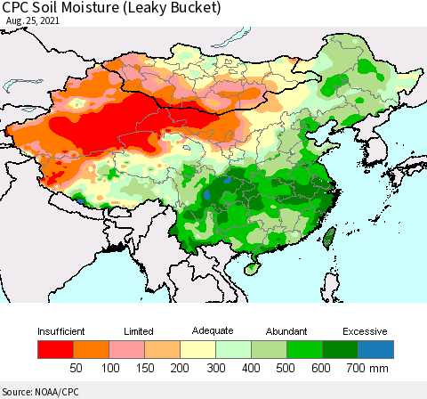 China, Mongolia and Taiwan CPC Soil Moisture (Leaky Bucket) Thematic Map For 8/21/2021 - 8/25/2021