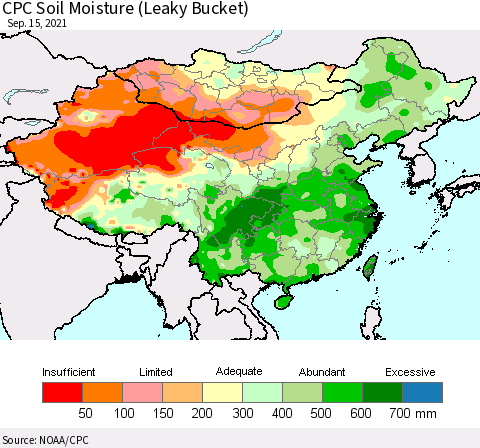 China, Mongolia and Taiwan CPC Soil Moisture (Leaky Bucket) Thematic Map For 9/11/2021 - 9/15/2021
