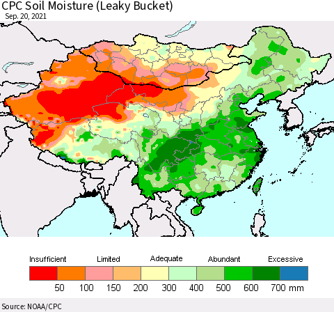 China, Mongolia and Taiwan CPC Soil Moisture (Leaky Bucket) Thematic Map For 9/16/2021 - 9/20/2021