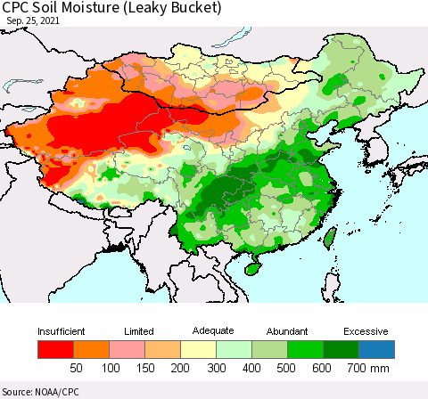China, Mongolia and Taiwan CPC Soil Moisture (Leaky Bucket) Thematic Map For 9/21/2021 - 9/25/2021